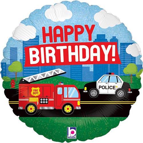 3 Emergency Vehicles Happy Birthday Foil Balloons 18"