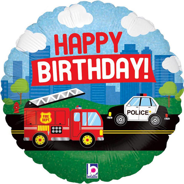 3 Emergency Vehicles Happy Birthday Foil Balloons 18"