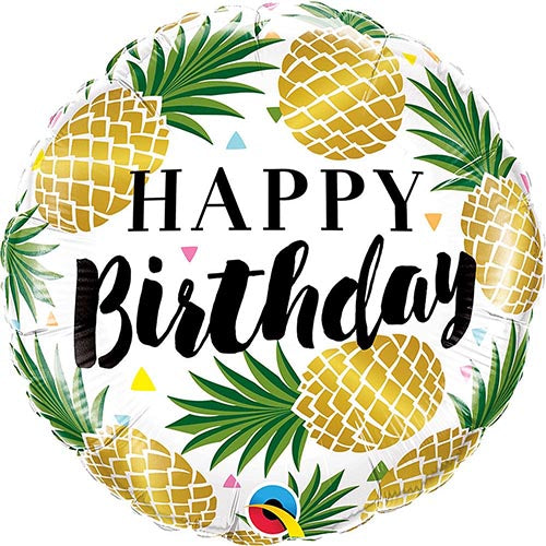3 Golden Pineapple Happy Birthday Foil Balloons 18"