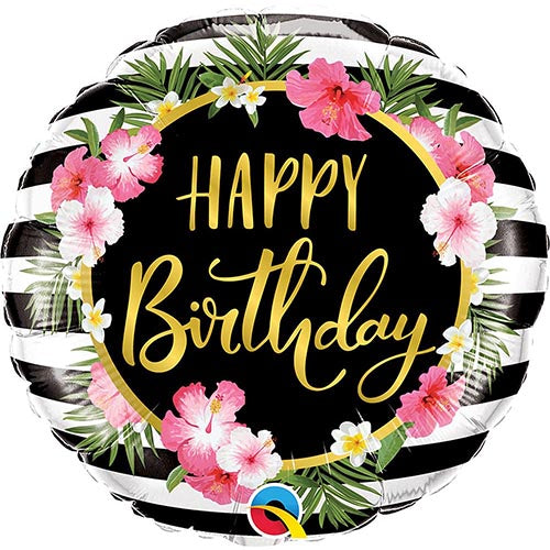 3 Happy Birthday Hibiscus Stripes Foil Balloons 18"