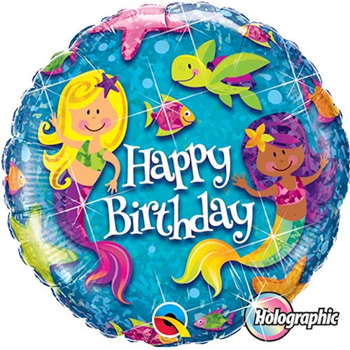 3 Mermaid Holographic Happy Birthday Foil Balloons 18"