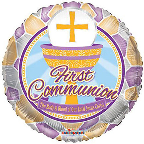 3 First Communion Theme Gold Cross and Cup Foil Balloon 18"