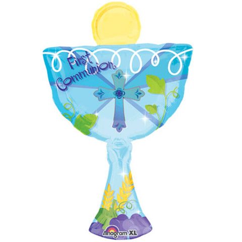 Jumbo First Communion Cup Theme Blue Foil / Mylar Balloon 31 "