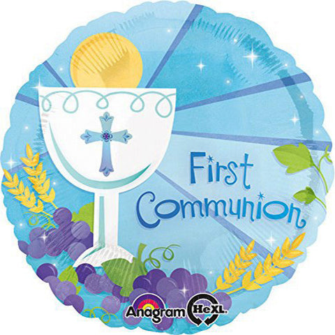 2 First Communion Glass and Wine Theme Blue Foil Balloon 18"