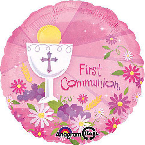 2 First Communion Glass and Wine Theme Pink Foil Balloon 18"