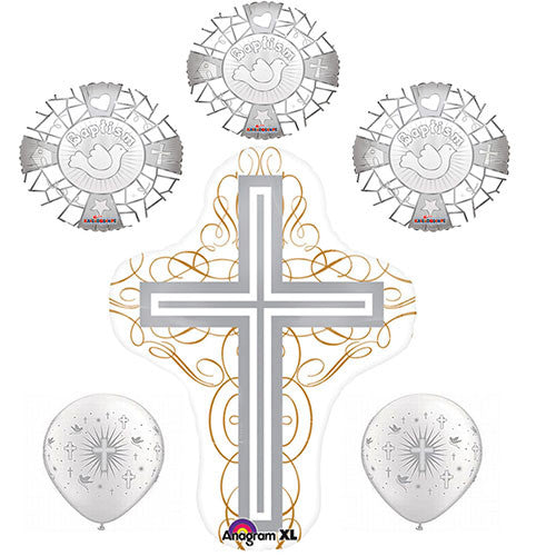 Baptism Silver Cross Foil / Mylar and Latex Balloons Valued Pack ( 6 Balloons )