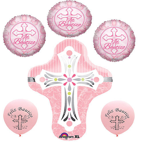 Baptism Pink Cross Foil / Mylar and Latex Balloons Valued Pack ( 6 Balloons )