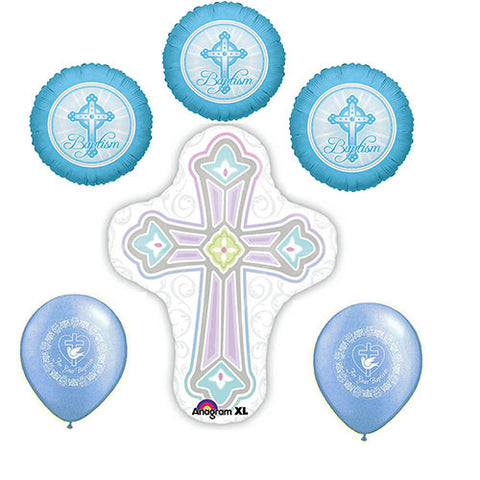 Baptism Silver Blue Cross Foil / Mylar and Latex Balloons Valued Pack ( 6 Balloons )