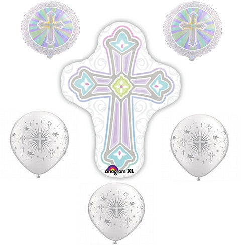 Baptism Silver Cross Foil / Mylar and Latex Balloons Valued Pack ( 6 Balloons )