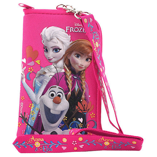 Frozen Elsa Anna and Olaf Character Hot Pink Lanyard with Detachable Cellphone Case Or Coin Purse