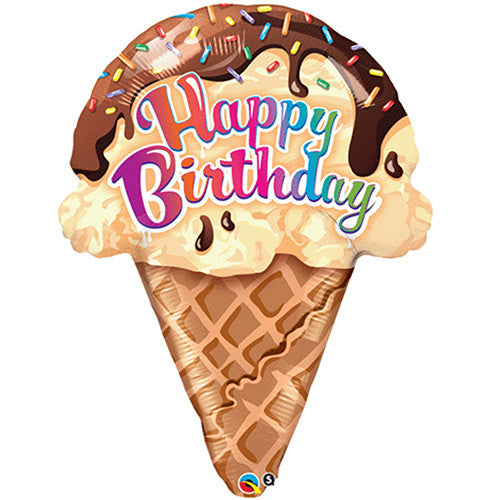 Happy Birthday Ice Cream Cone Super Shape Foil Balloon 27"