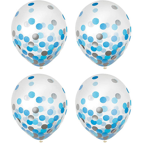 6 Blue and Silver Prefilled Paper Confetti Latex Balloons 12"