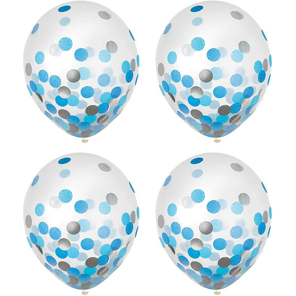 6 Blue and Silver Prefilled Paper Confetti Latex Balloons 12"