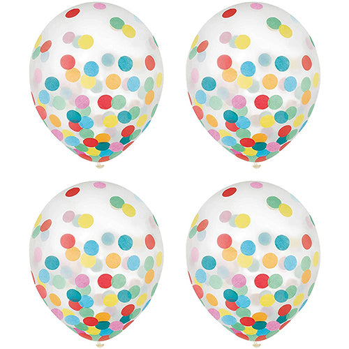 6 Multi Colored Prefilled Paper Confetti Latex Balloons 12"