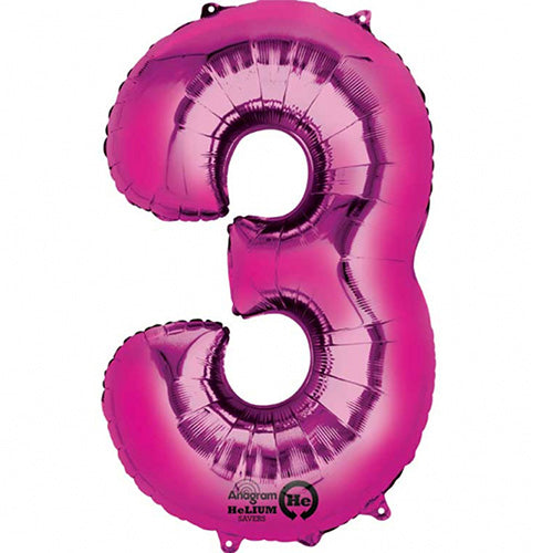 Giant Bright Pink Number 3 Foil Balloon 34"