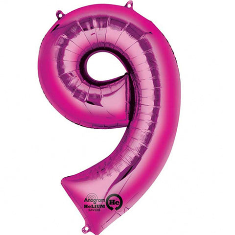 Giant Bright Pink Number 9 Foil Balloon 34"