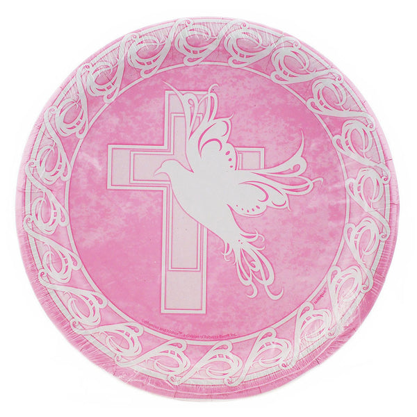 Baptism or Communion Pink Luncheon Paper Plates Cross Dove 9" ( 8 Plates)