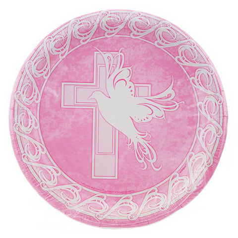 Baptism or Communion Pink Luncheon Paper Plates Cross Dove 9" ( 8 Plates)