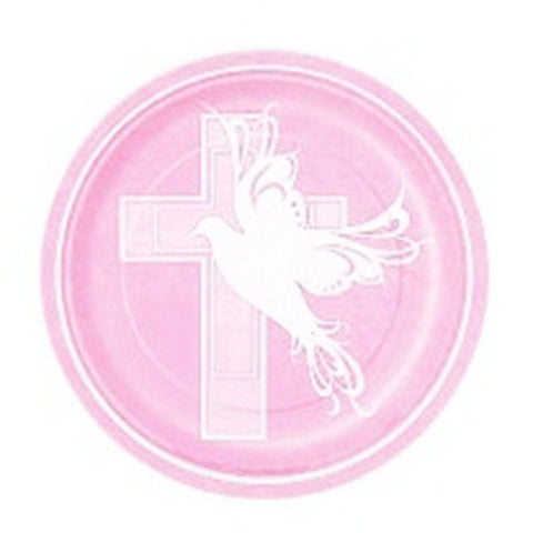 Baptism or Communion Pink Dessert Paper Plates Cross Dove 7" ( 8 Plates)