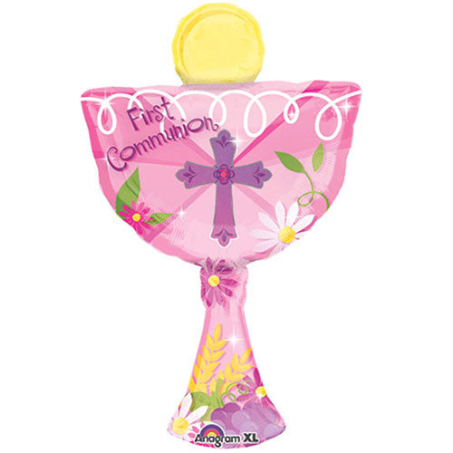 Jumbo First Communion Cup Theme Pink Foil / Mylar Balloon 31 "