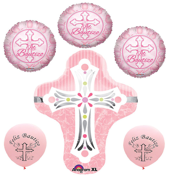 Baptism Pink Cross Foil / Mylar and Latex Balloons Valued Pack ( 6 Balloons )
