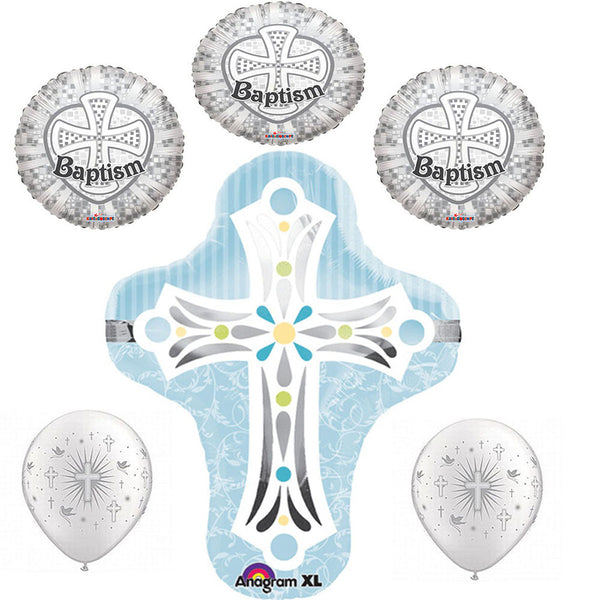 Baptism Blue Cross Foil / Mylar and Latex Balloons Valued Pack ( 6 Balloons )