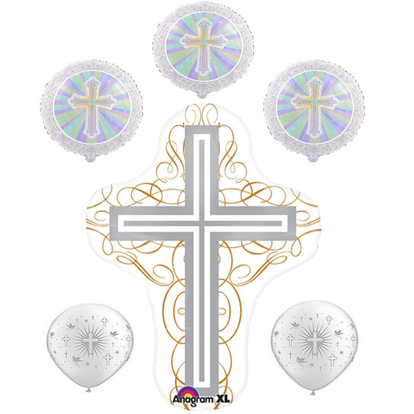 Baptism Silver Cross Foil / Mylar and Latex Balloons Valued Pack ( 6 Balloons )