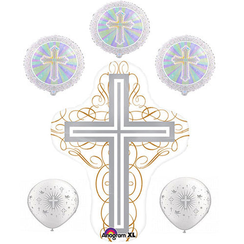 Baptism Silver Cross Foil / Mylar and Latex Balloons Valued Pack ( 6 Balloons )