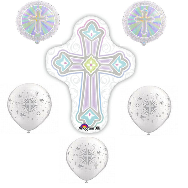 Baptism Silver Cross Foil / Mylar and Latex Balloons Valued Pack ( 6 Balloons )