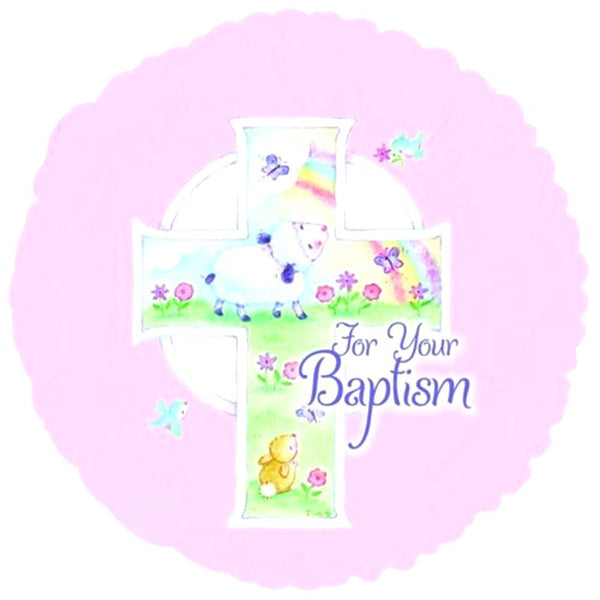 18" Baptism Cross and Sheep " For Your Baptism " Theme Pink Foil Balloon ( 3 Balloons )