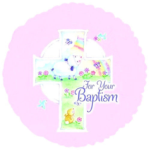 18" Baptism Cross and Sheep " For Your Baptism " Theme Pink Foil Balloon ( 3 Balloons )