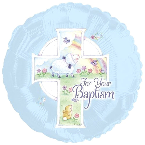 18" Baptism Cross and Sheep " For Your Baptism " Theme Blue Foil Balloon ( 3 Balloons )