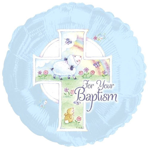 18" Baptism Cross and Sheep " For Your Baptism " Theme Blue Foil Balloon ( 3 Balloons )