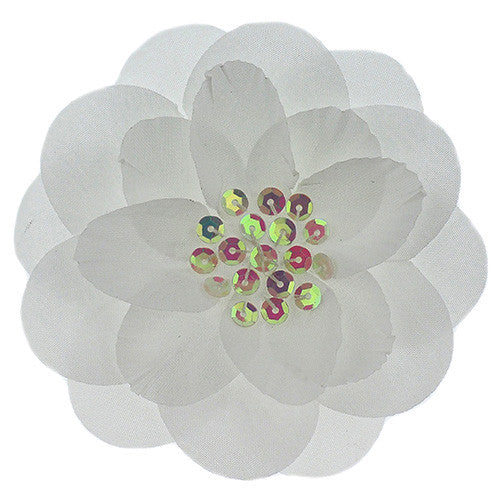 Flower with 19 Sequins White Fabric 3" ( 3 Flowers )