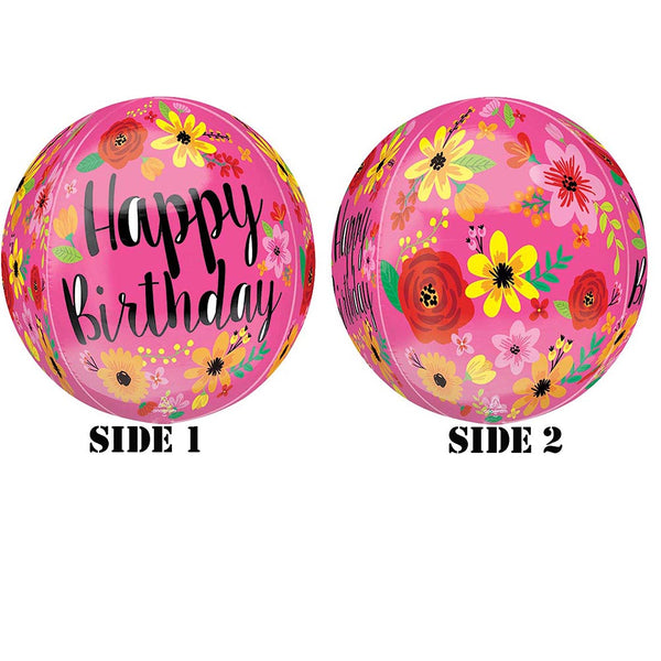 Pink Flower Happy Birthday Orbz Balloon 16"