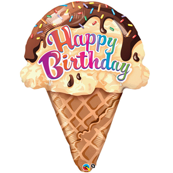 Happy Birthday Ice Cream Cone Super Shape Foil Balloon 27"