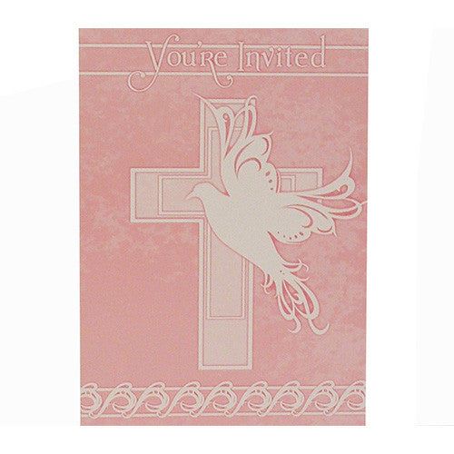 Baptism or Communion Pink Dove Cross Invitation Cards 8 ct