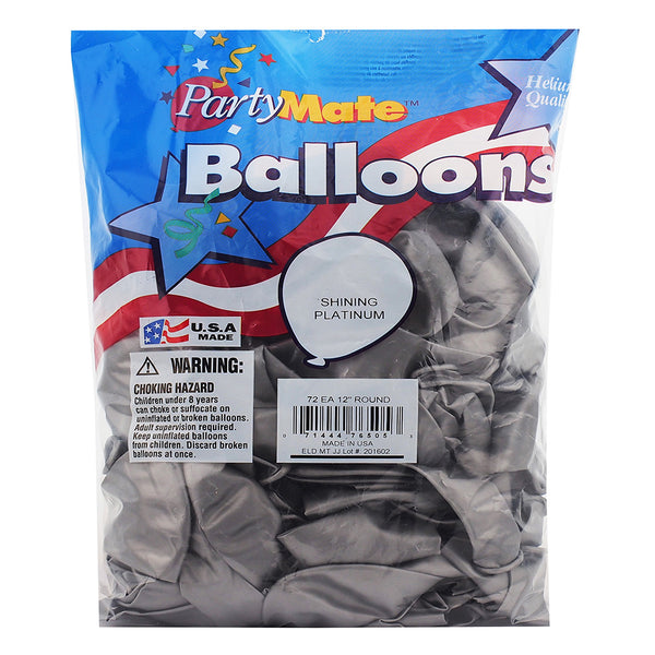 Pioneer 72 Shinning Platinum Latex Balloons 11" Made In USA.