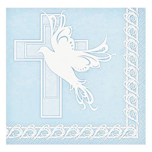 Baptism or Communion Blue Dove Cross Big Napkins For Lunch 13" x 13" 16 ct
