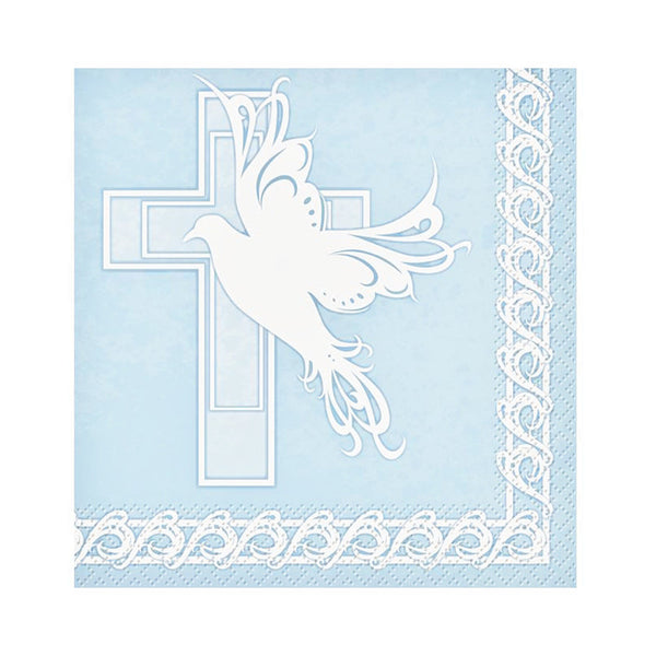 Baptism or Communion Blue Dove Cross Small Napkins For Beverage 10" x 10" 16 ct