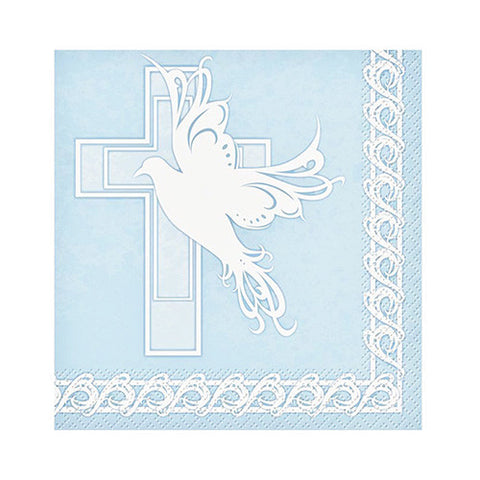 Baptism or Communion Blue Dove Cross Small Napkins For Beverage 10" x 10" 16 ct
