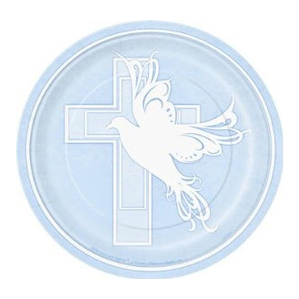 Baptism or Communion Blue Dessert Paper Plates Cross Dove 7" ( 8 Plates)