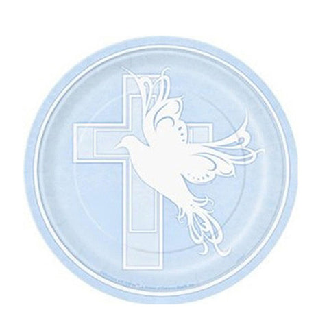 Baptism or Communion Blue Dessert Paper Plates Cross Dove 7" ( 8 Plates)