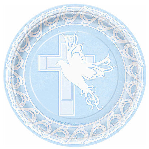 Baptism or Communion Blue Luncheon Paper Plates Cross Dove 9" ( 8 Plates)