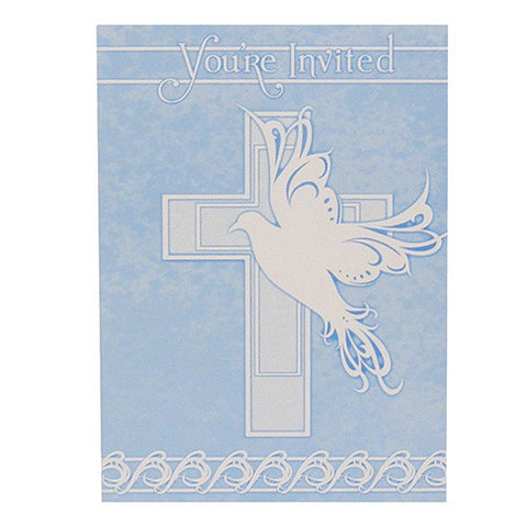 Baptism or Communion Blue Dove Cross Invitation Cards 8 ct